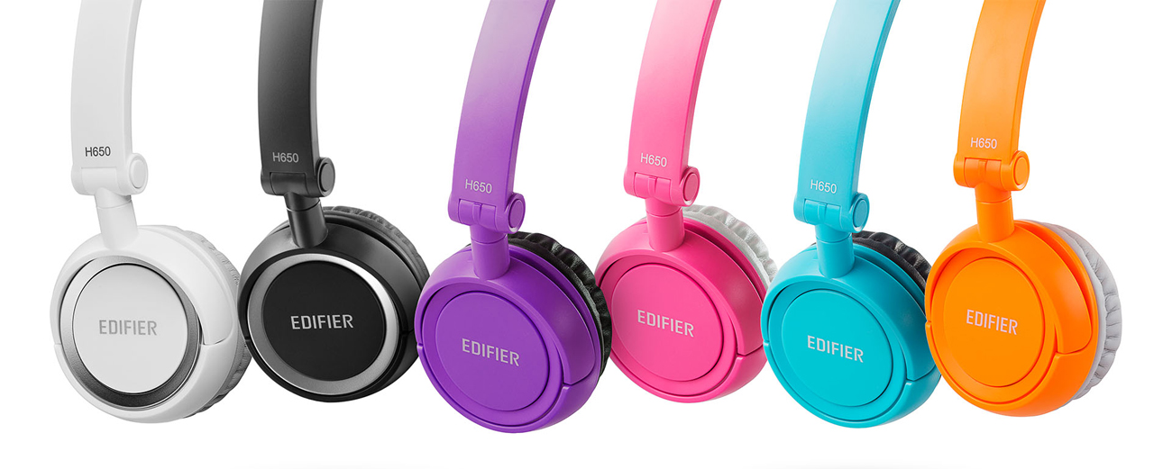 H650 On-ear Headphones in white, black, purple, pink, blue and yellow are all on display.